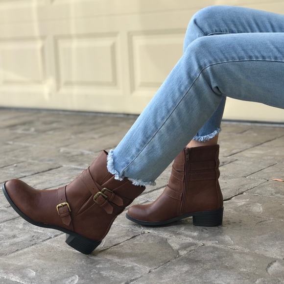 Cognac Polished Buckle Combat Style Ankle Booties - Picture 2 of 5